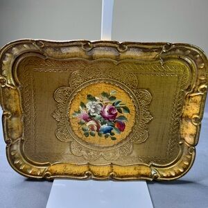 Vintage Florentine Gilt Wood Tray – Hand Painted Floral – Made in Italy
